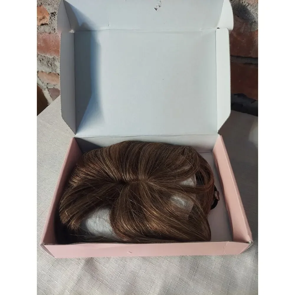 FlufyMooz Human Hair Topper Clip In Bangs Fringe Brown Blonde Highlights 10